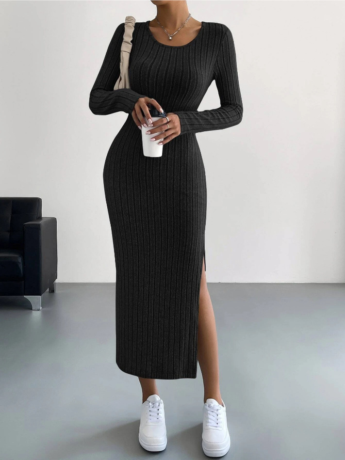Zenviro - Geribbelde bodycon-jurk met lange mouwen van gebreide stof