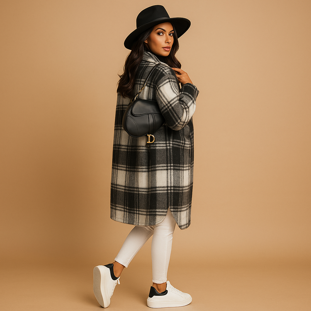 Lange geruite wol-look jas voor dames | Marit