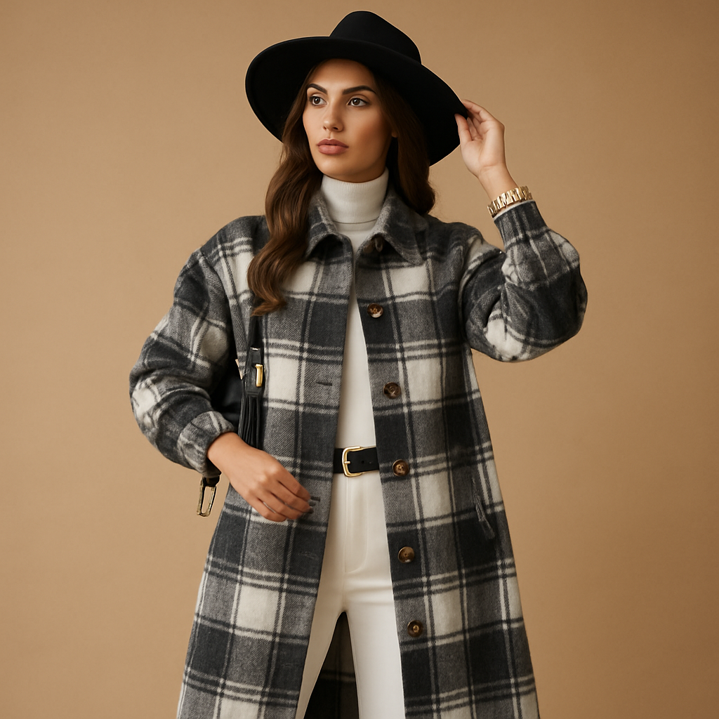 Lange geruite wol-look jas voor dames | Marit