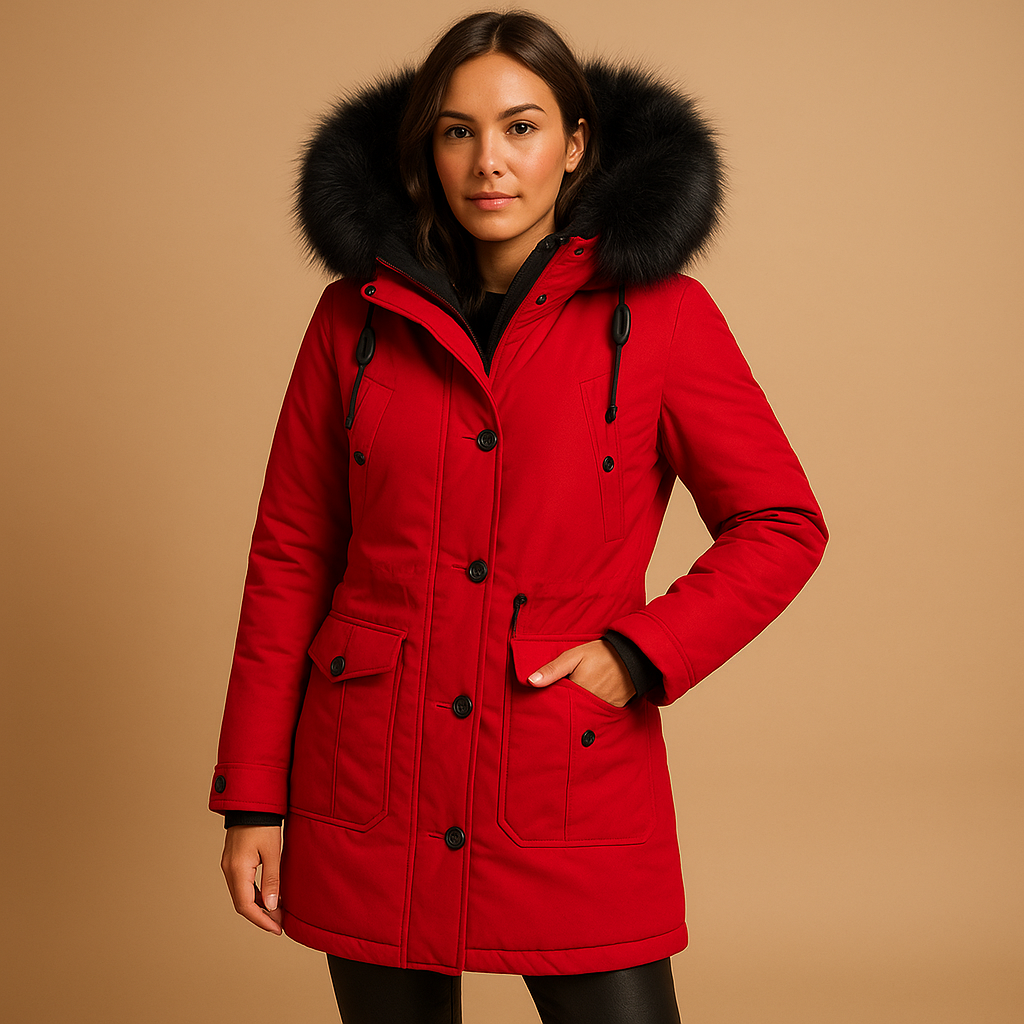 Lange waterdichte winterjas met imitatiebontkraag voor dames | Marije