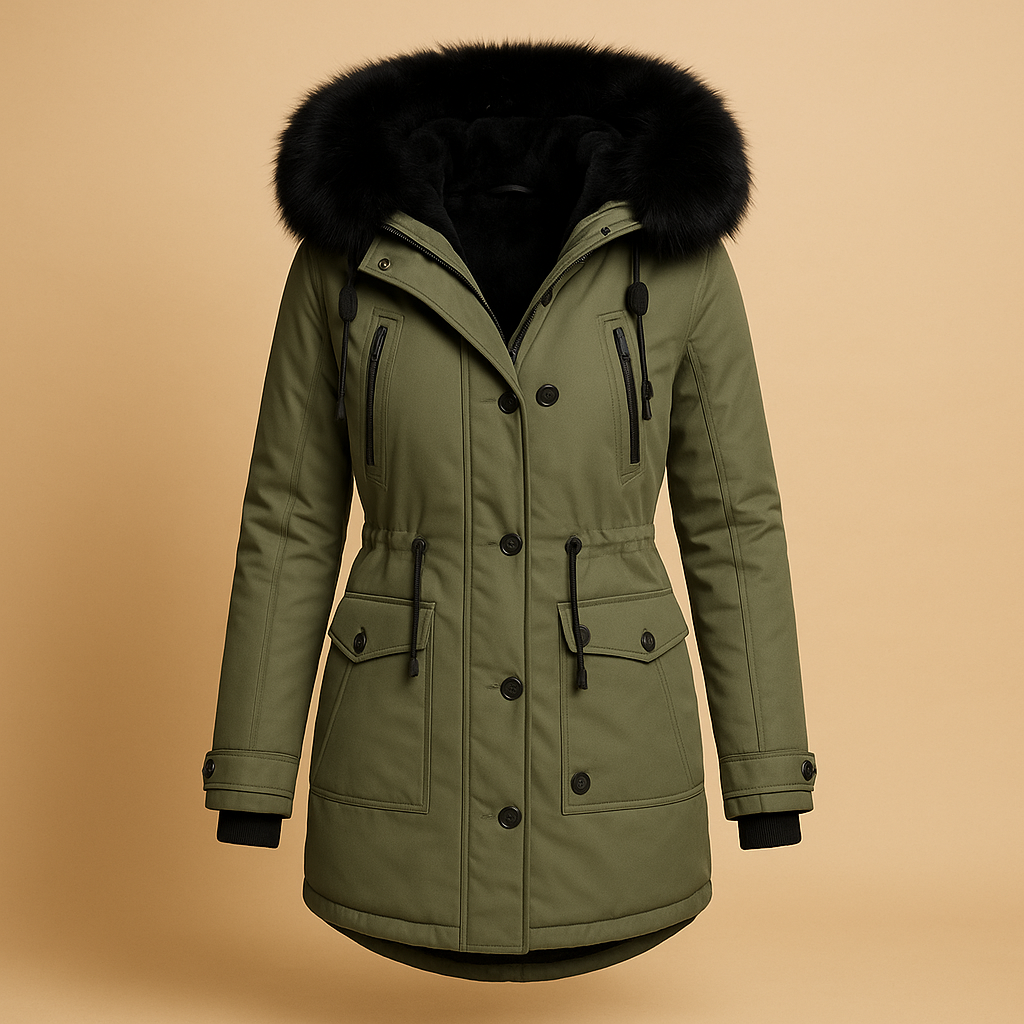 Lange waterdichte winterjas met imitatiebontkraag voor dames | Marije