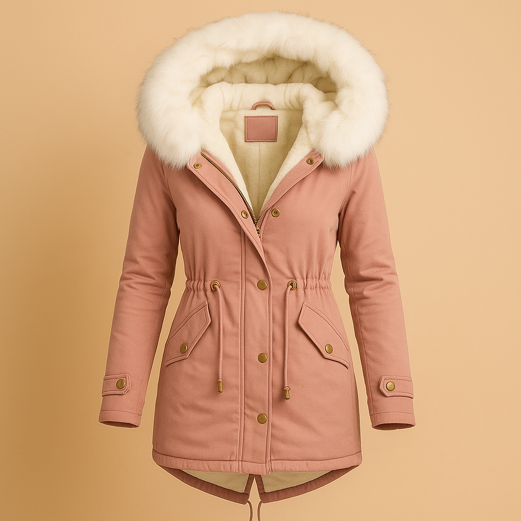 Lange winterjas met imitatiebont capuchon voor dames | Femke