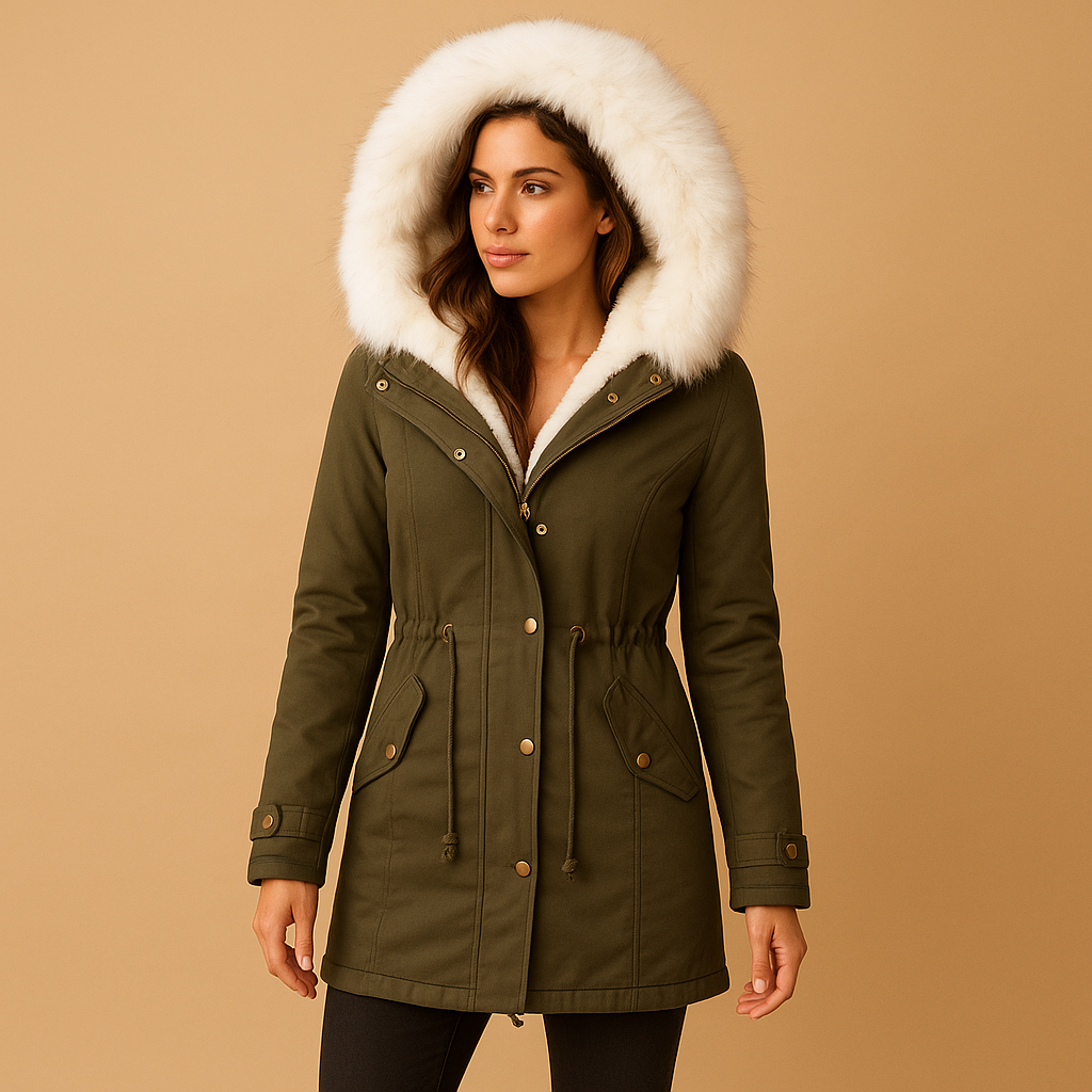 Lange winterjas met imitatiebont capuchon voor dames | Femke