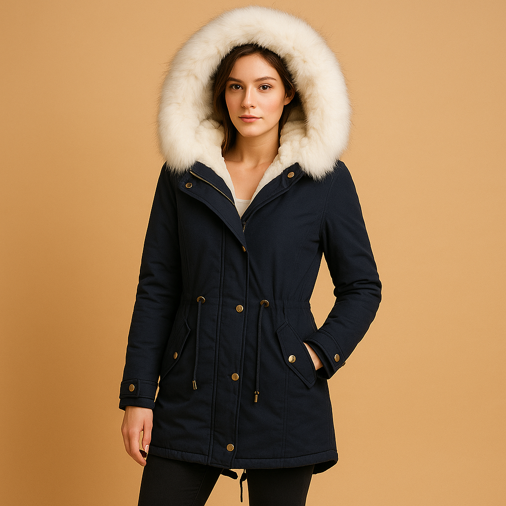 Lange winterjas met imitatiebont capuchon voor dames | Femke