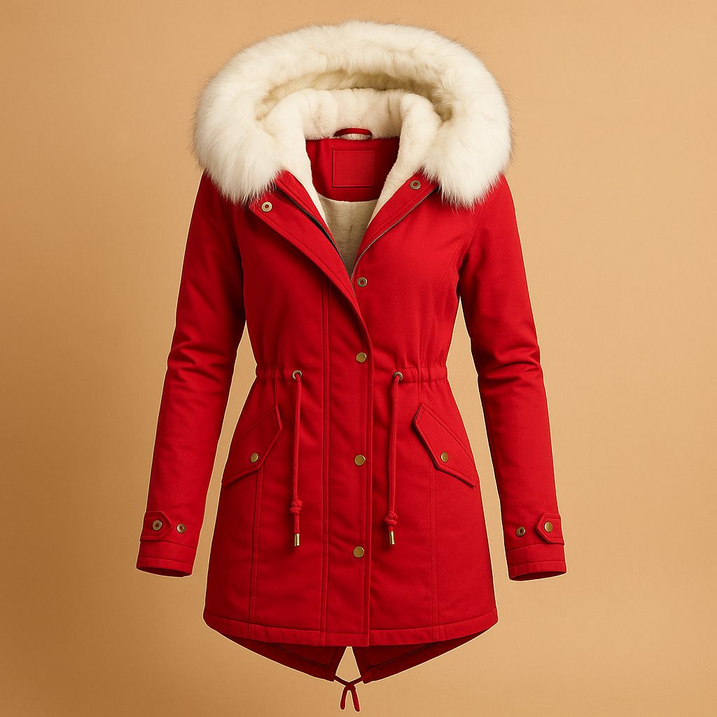 Lange winterjas met imitatiebont capuchon voor dames | Femke