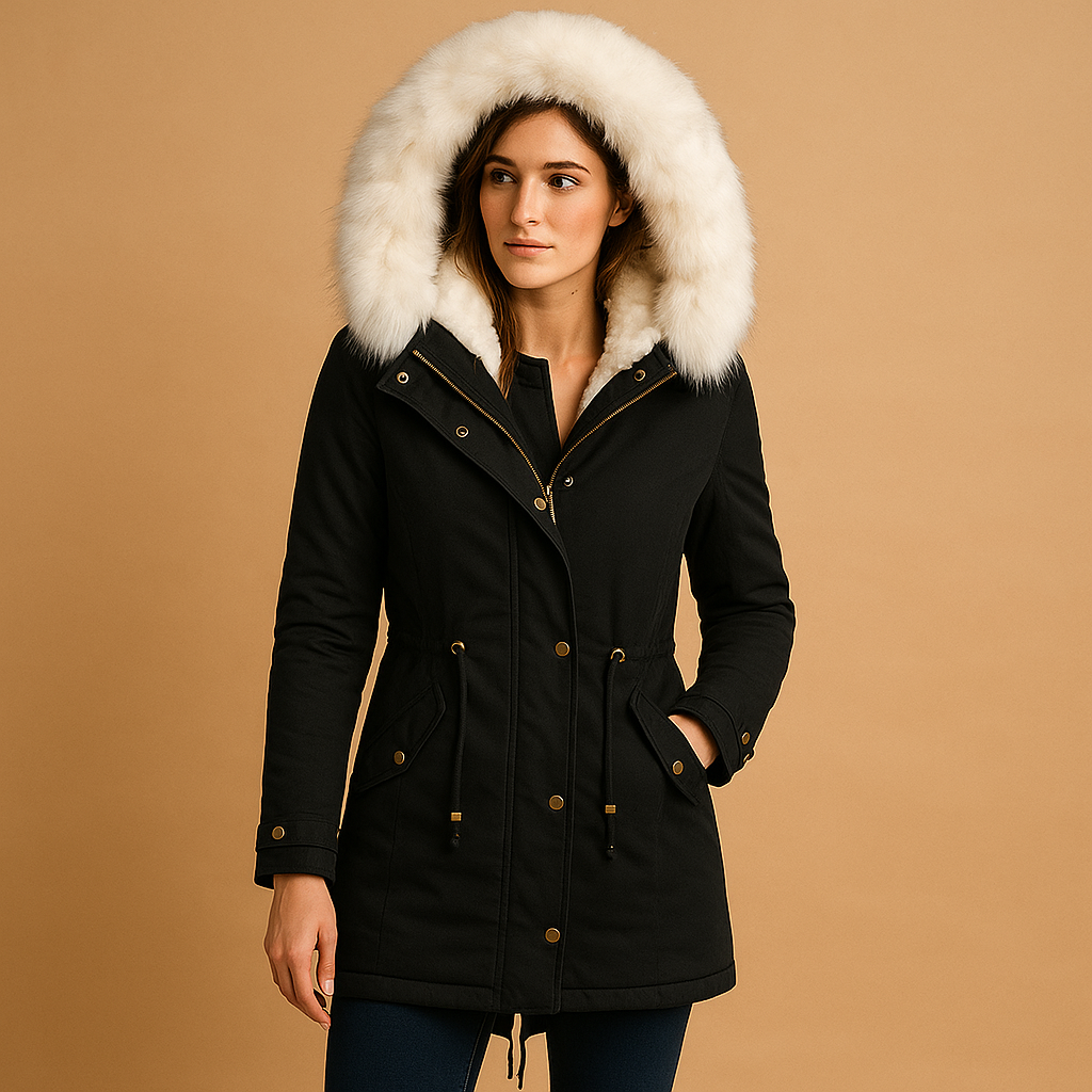 Lange winterjas met imitatiebont capuchon voor dames | Femke