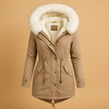 Lange winterjas met imitatiebont capuchon voor dames | Femke