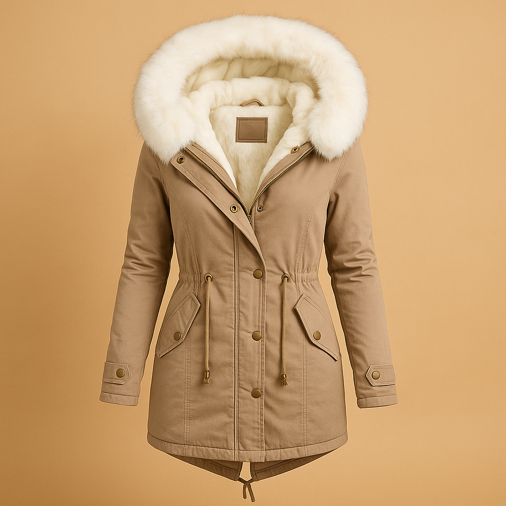 Lange winterjas met imitatiebont capuchon voor dames | Femke