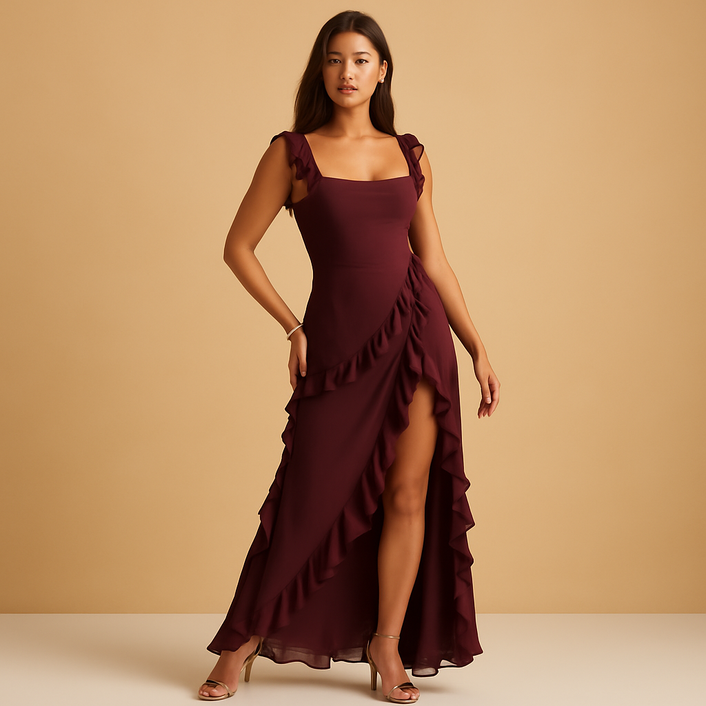 Maxi-jurk met verstelbare bandjes en ruches voor dames | Yinthe