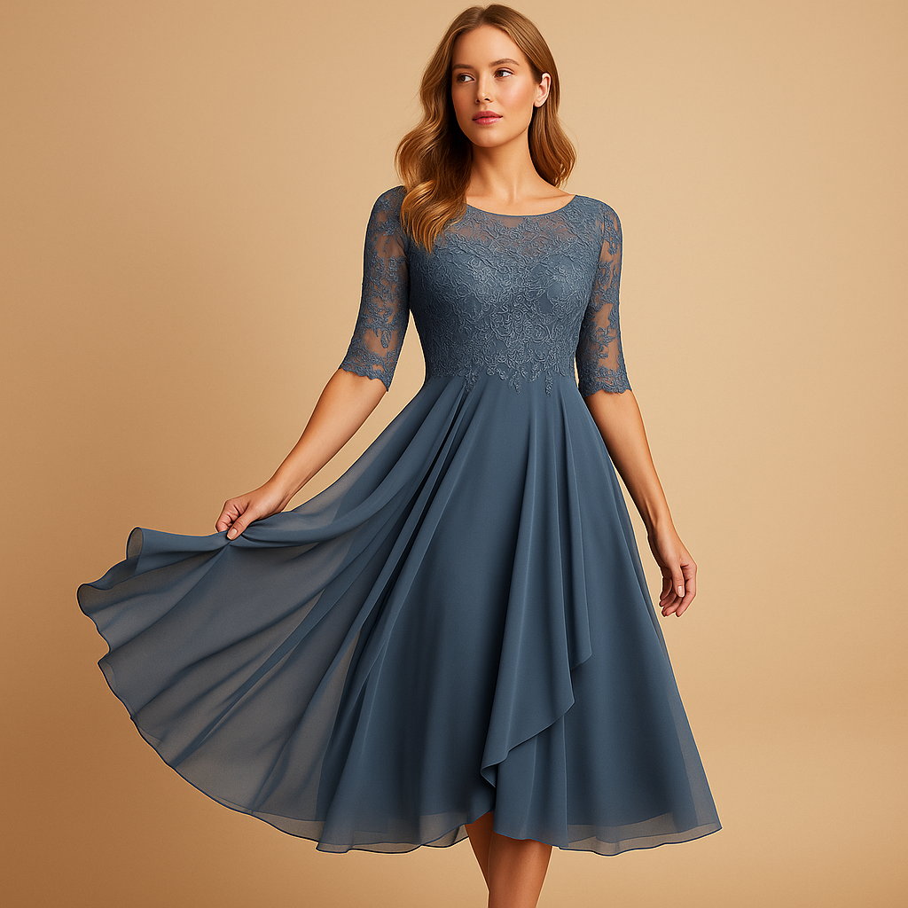 Midi-jurk met kanten top en asymmetrische rok voor dames | Livia