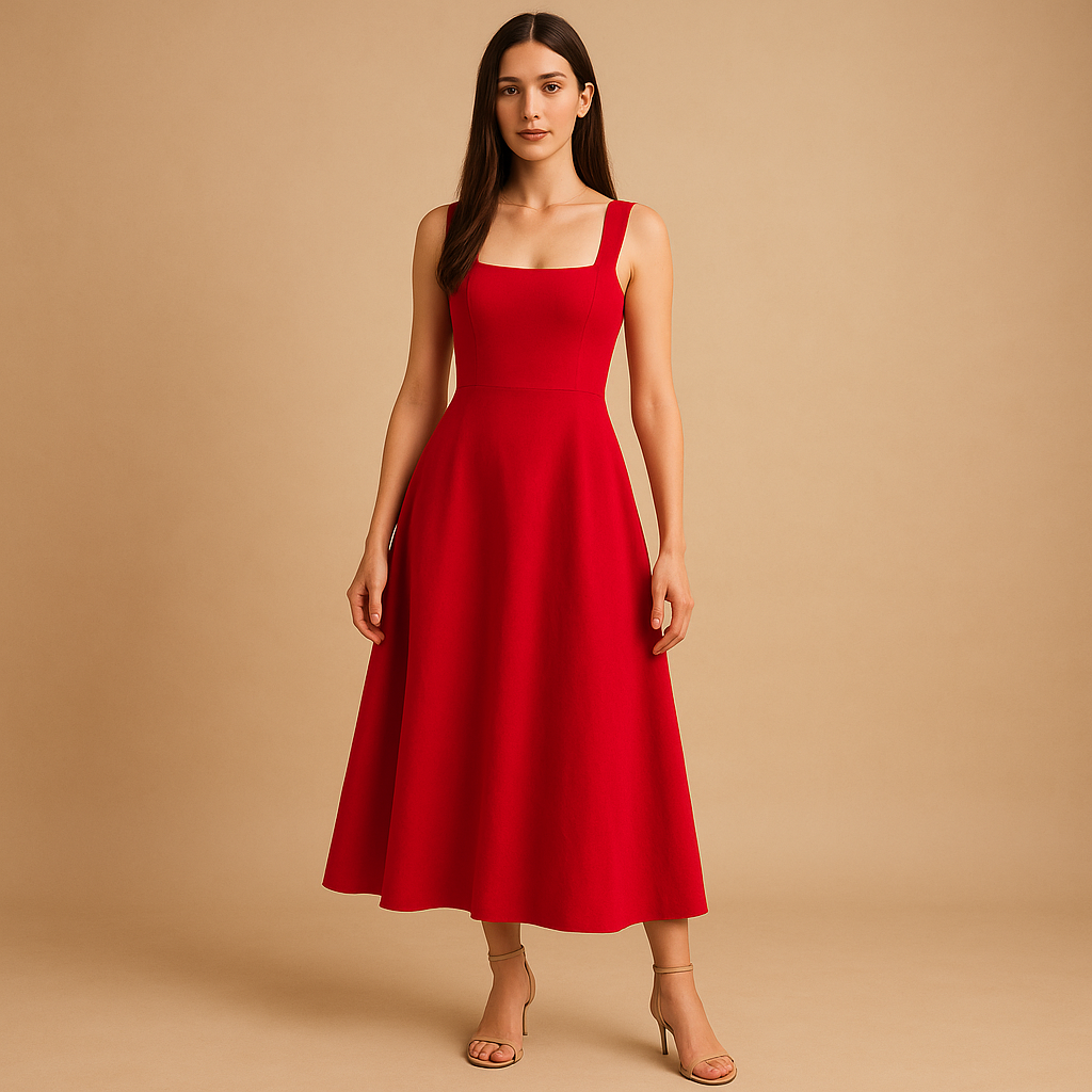 Midi-jurk met vierkante hals en elastische taille voor dames | Fenna