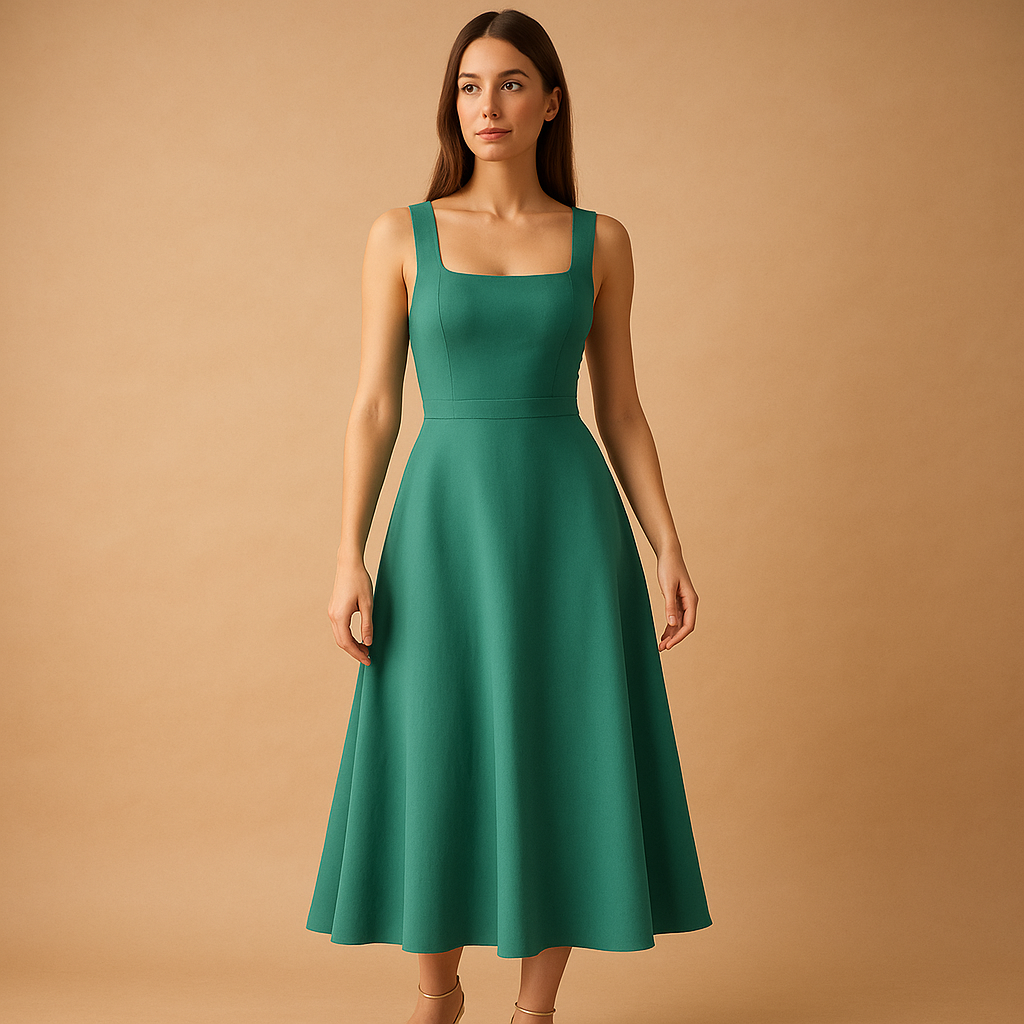 Midi-jurk met vierkante hals en elastische taille voor dames | Fenna