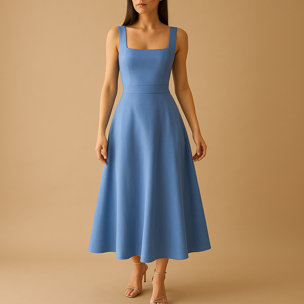 Midi-jurk met vierkante hals en elastische taille voor dames | Fenna