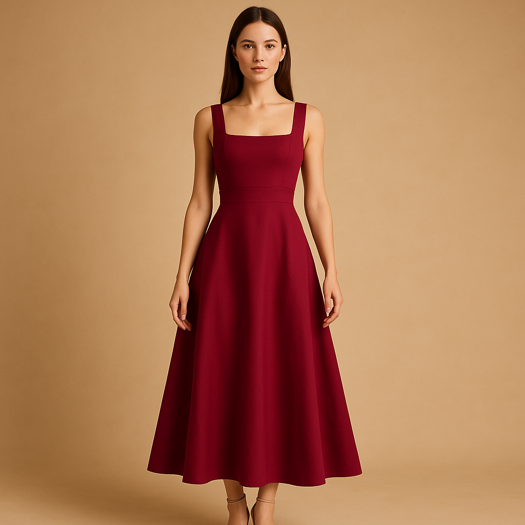 Midi-jurk met vierkante hals en elastische taille voor dames | Fenna