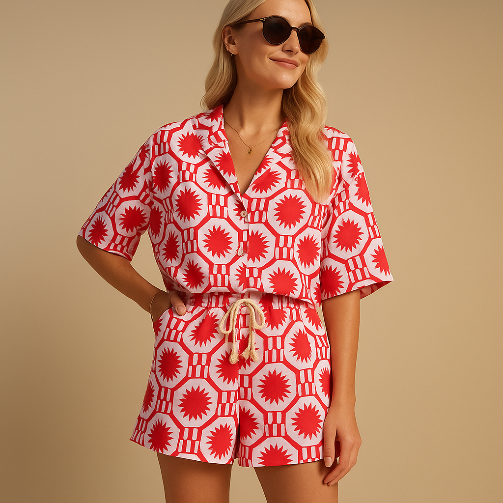 Tweedelig zomerpak met bloemenprint en elastische tailleband voor dames | Nena