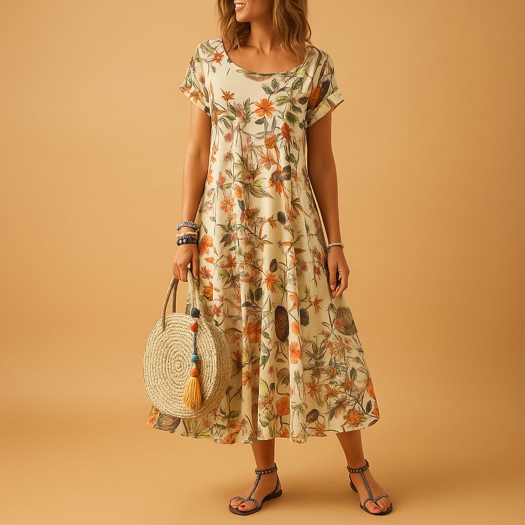 Vintage bloemenjurk met boothals en korte mouwen voor dames | Elvira