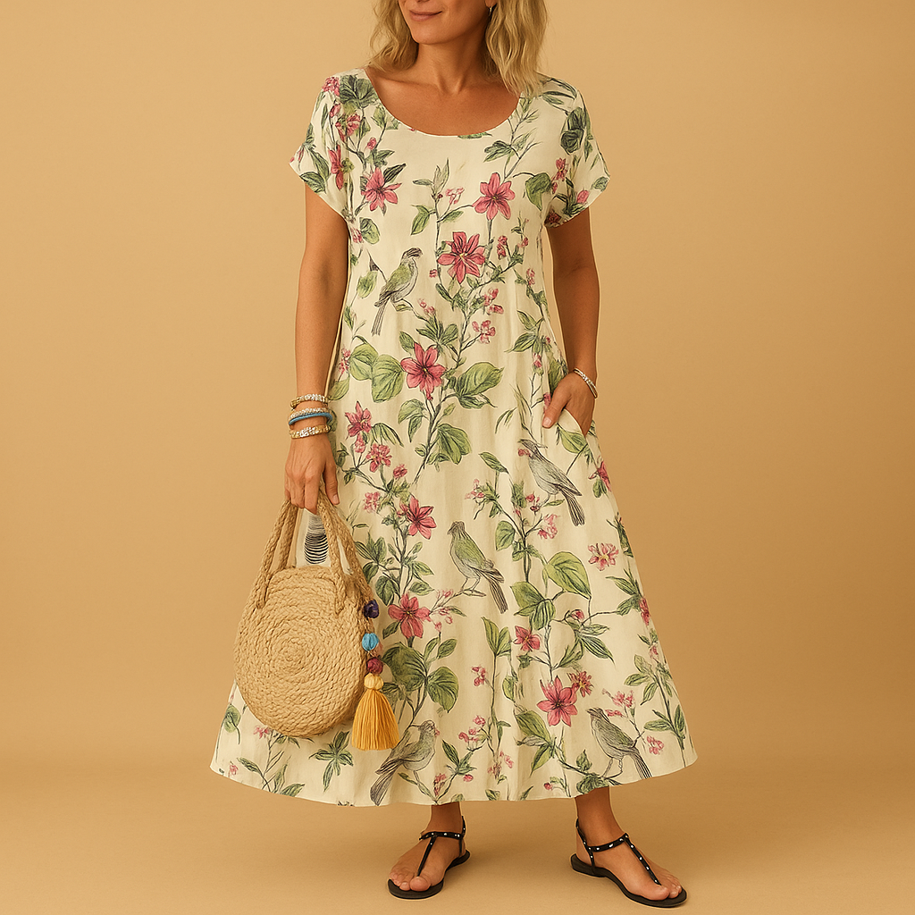 Vintage bloemenjurk met boothals en korte mouwen voor dames | Elvira