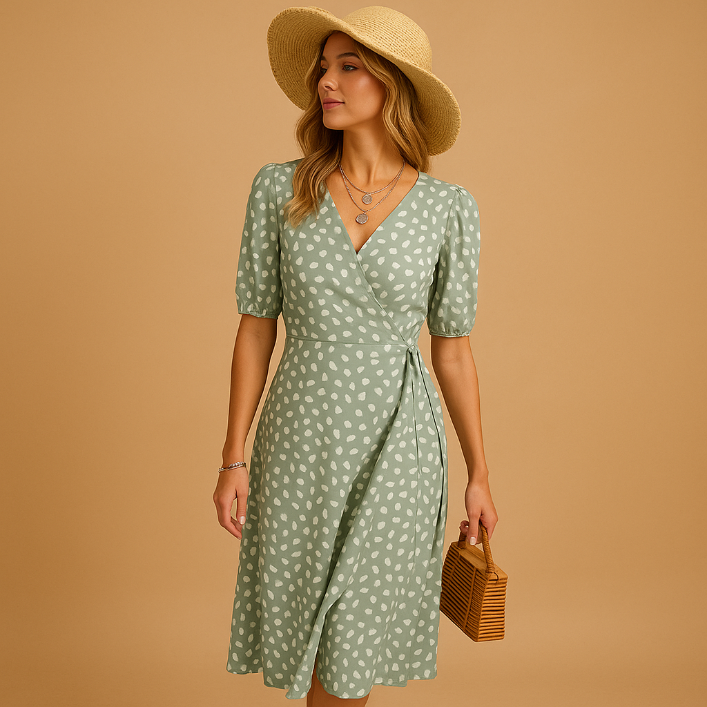 Zomerse V-hals jurk met stippenprint voor dames | Elena