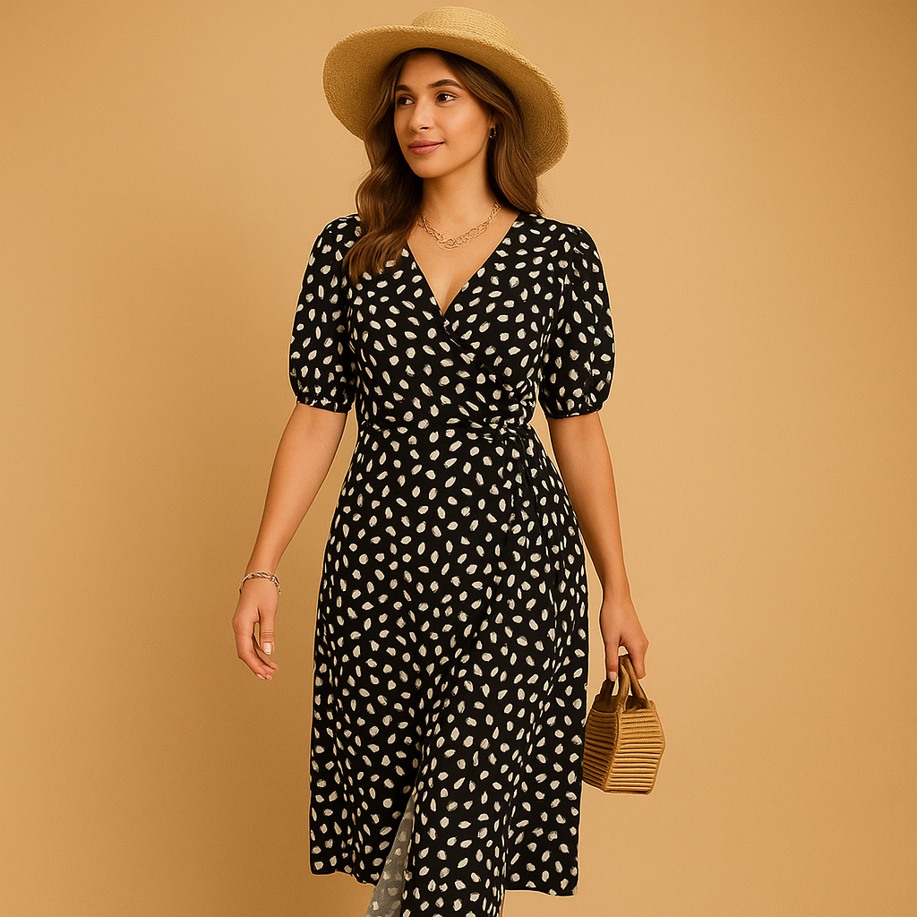 Zomerse V-hals jurk met stippenprint voor dames | Elena